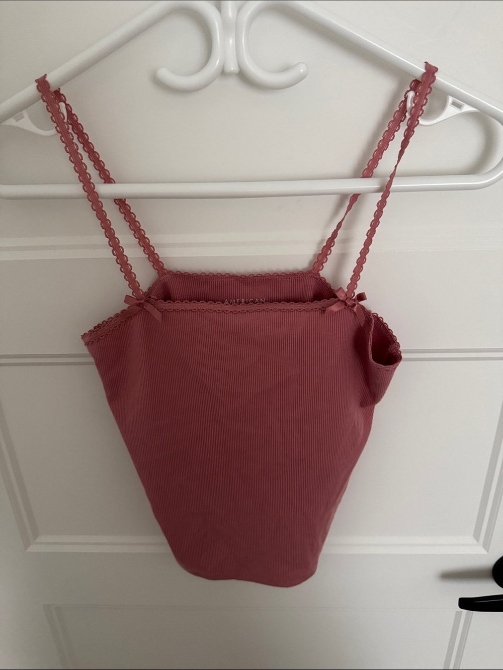 American Eagle Pink Ribbed Lace-Trim Tank